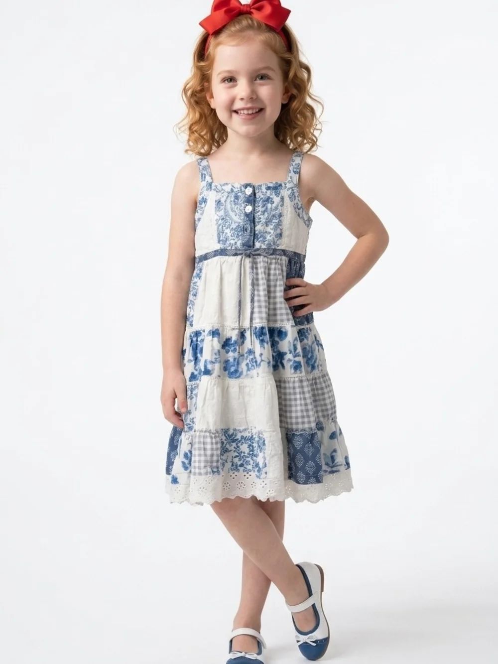 Girls Blue & White Patchwork Tiered Sundress with Button Front